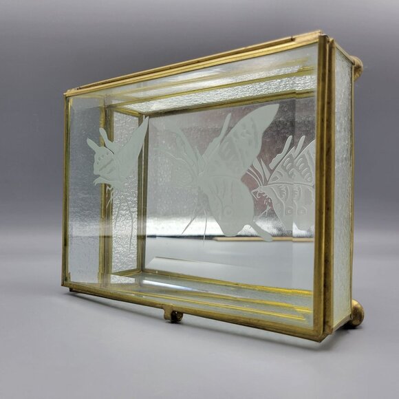 Vintage Flambro Glass Jewelry Box Etched Butterfly Design Brass Frame Taiwan - Picture 11 of 16
